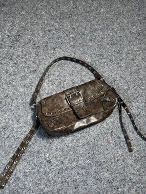Y2K Dark Brown leather baguette horsebit studs chain shoulder bag